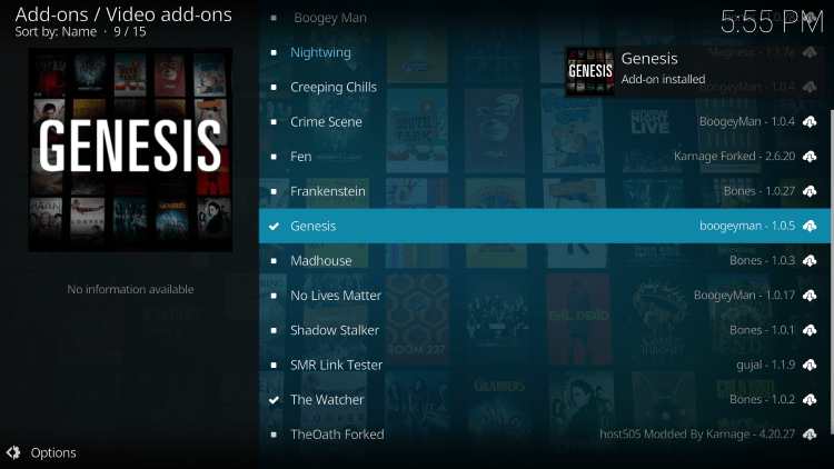 Wait for the Genesis Kodi Addon installed message to appear.