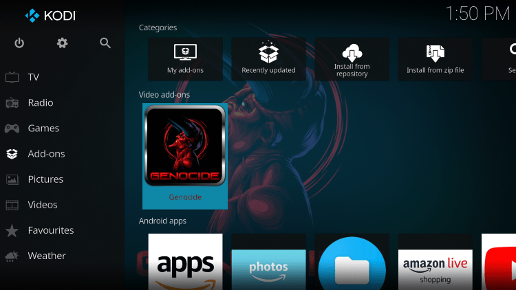 Return back to the home screen of Kodi and hover over Add-ons. Then select Genocide.