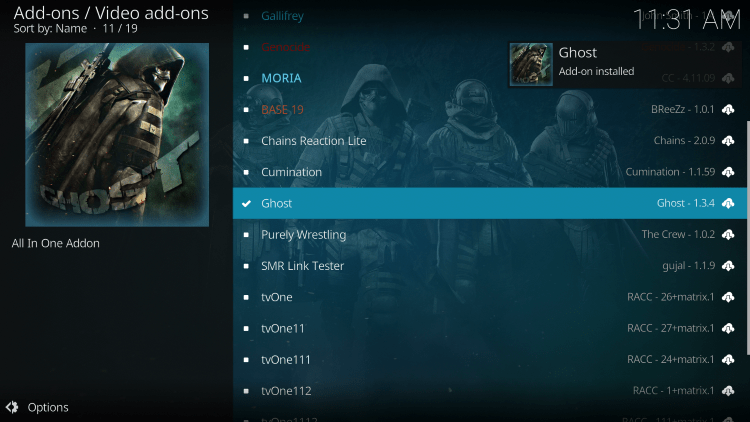 Wait for the Ghost Kodi Addon installed message to appear.