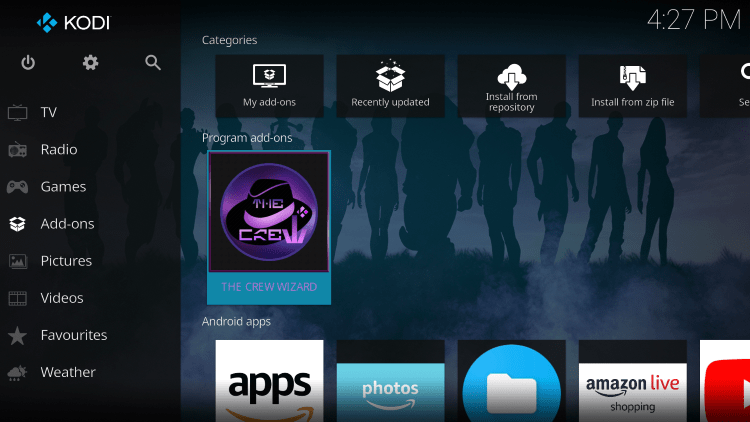 Return back to the home screen of Kodi and select Add-ons from the main menu. Then select The Crew Wizard.