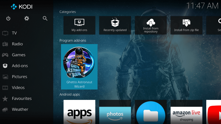 Return to the Kodi home screen and select Add-ons from the main menu.  Then select Ghetto Astronaut Wizard.