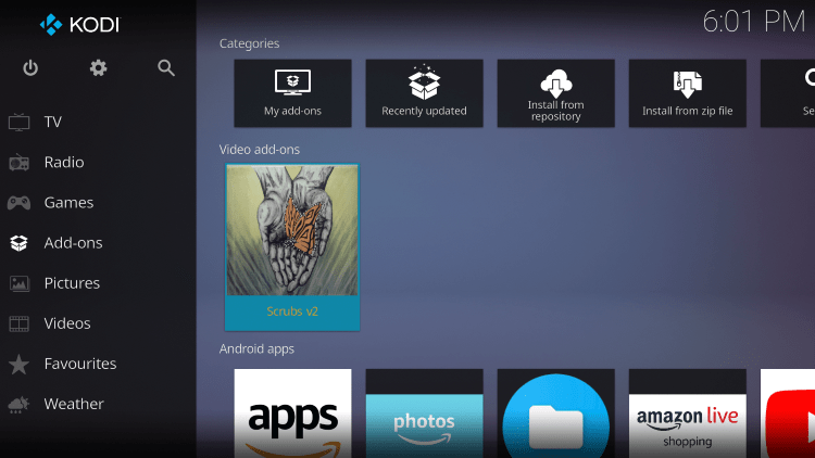 Return back to the home screen of Kodi then hover over Add-ons and select Scrubs.