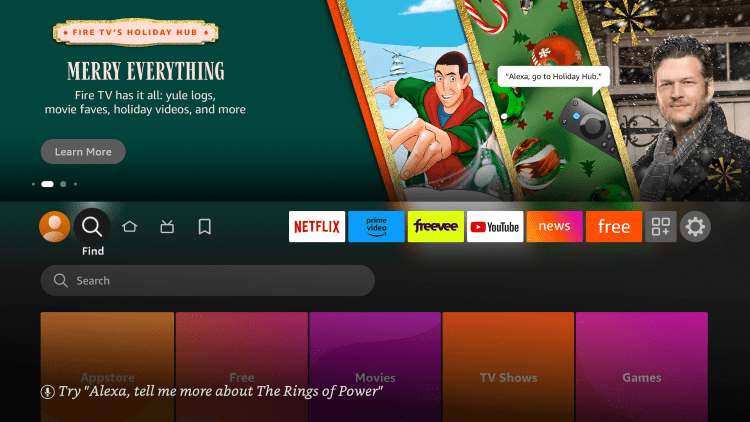 From the home screen on your Firestick/Fire TV hover over Find and click Search.
