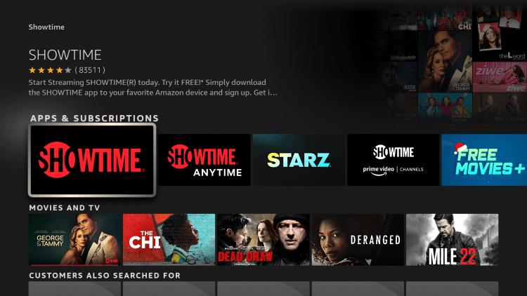 Click the option for Showtime under Apps & Games.