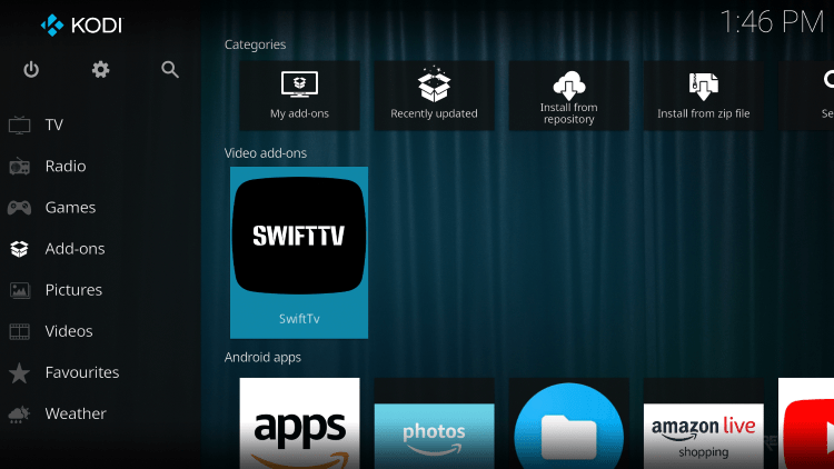 Return back to the home screen of Kodi and select Add-ons from the main menu. Then select Swift TV.