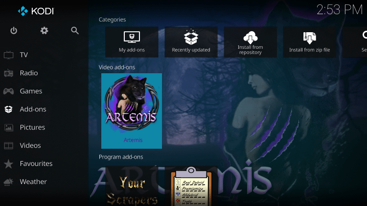 Return back to the home screen of Kodi and hover over Add-ons. Then select Artemis.