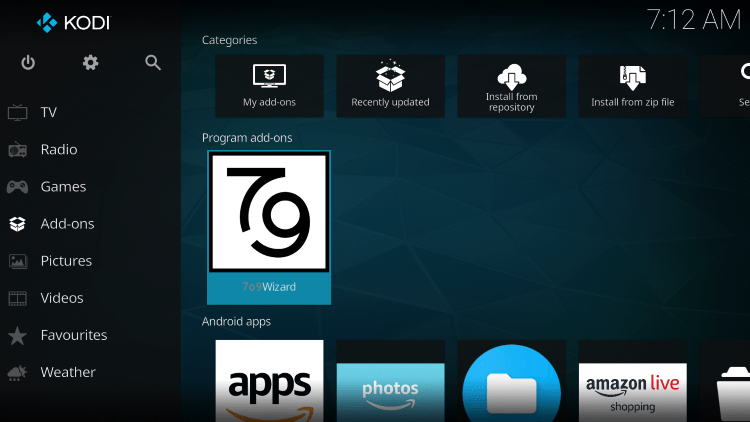Return to the Kodi home screen and select Add-ons from the main menu.  Then select the 7o9 wizard.