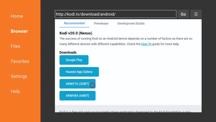 Next, click on the ARMV7A (32BIT) file.  This always points to the most current version of Kodi.