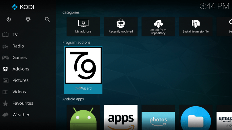 Return back to the home screen of Kodi and select Add-ons from the main menu. Then select 7o9 Wizard.