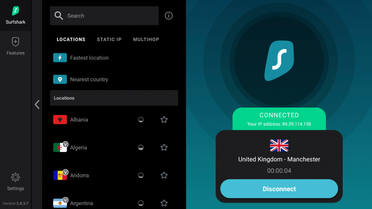 Wait a few seconds and you are now connected to a VPN server in the United Kingdom.