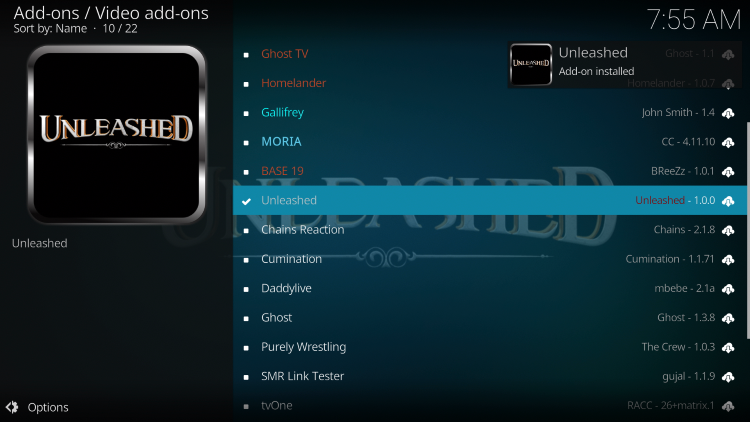 Wait for the Unleashed Kodi Addon installed message to appear.