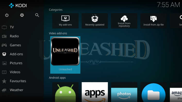 Return back to the home screen of Kodi and hover over Add-ons. Then select Unleashed.