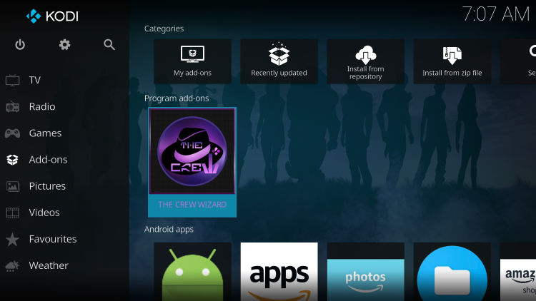 Return to the Kodi home screen and select Add-ons from the main menu.  Then select The Crew Wizard.
