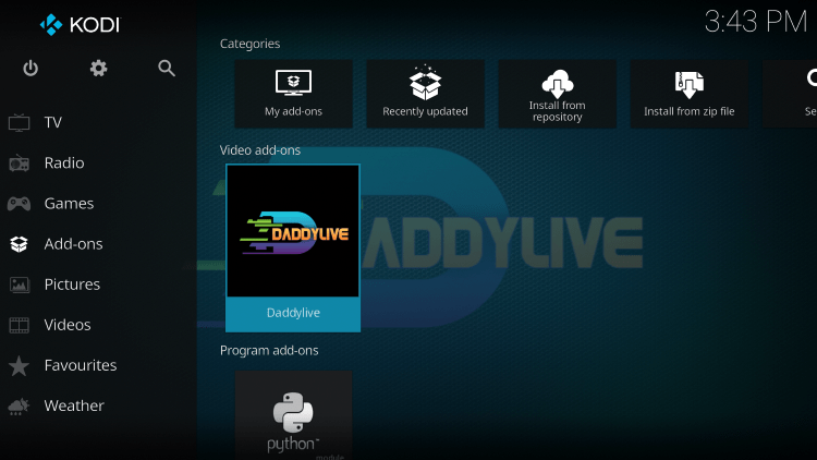 Return to the Kodi home screen and select Add-ons from the main menu.  Then select DaddyLive.