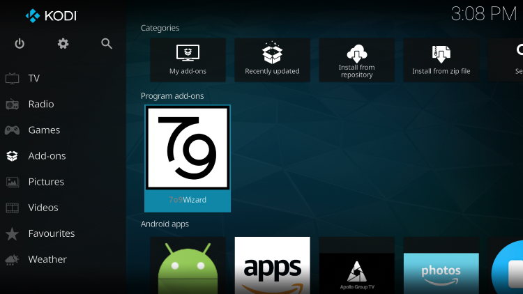 Return back to the home screen of Kodi and select Add-ons from the main menu. Then select 709 Wizard.