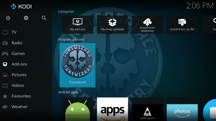 Return back to the home screen of Kodi and select Add-ons from the main menu. Then select Funswizard.