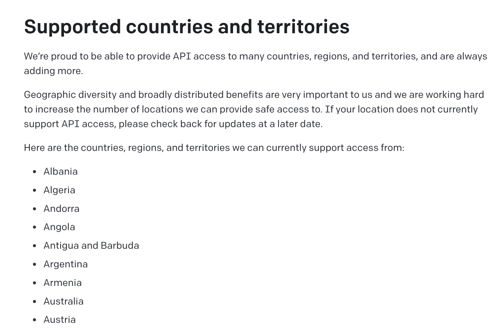 OpenAI's complete list of supported countries and terrorites 