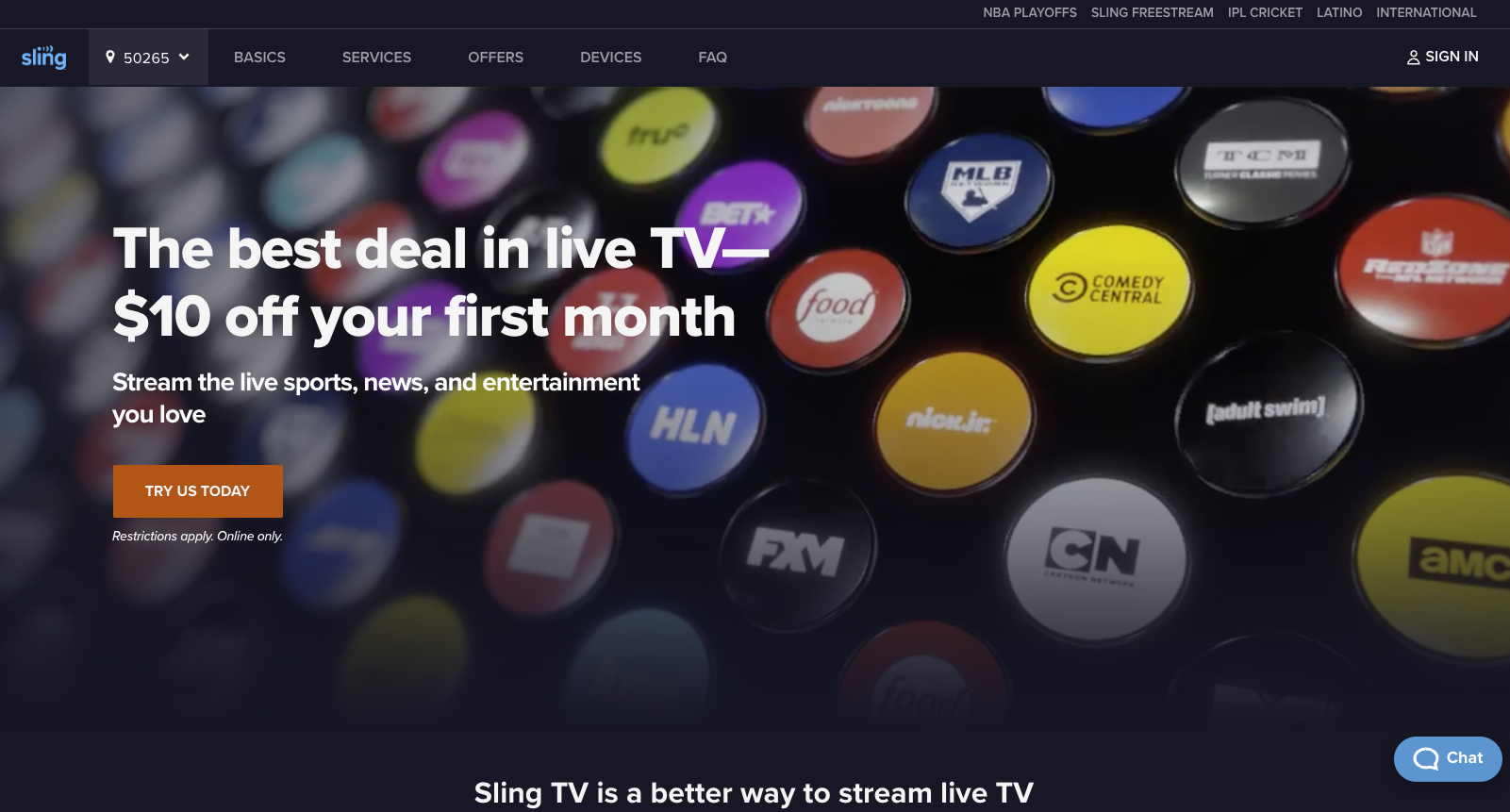 Sling TV is a popular IPTV provider that offers two different plans labeled “Sling Orange” and “Sling Blue” which both cost $35/month.