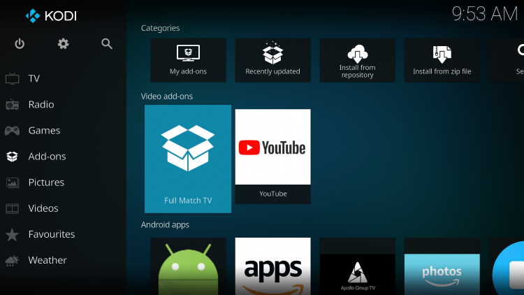 Return to the Kodi home screen and select Add-ons from the main menu.  Then select 