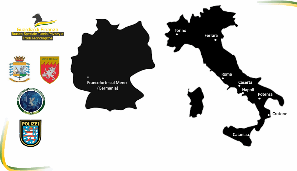 A released police video showed maps of Italy and Germany with numerous areas marked, showing the scope and international dimension of the operation.