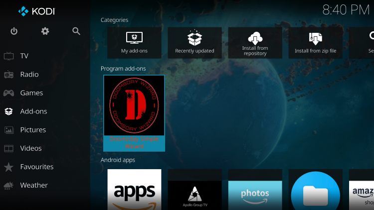Return to the Kodi home screen and select Add-ons from the main menu.  Then select Doomzday Wizard.
