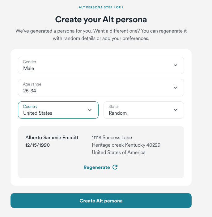 Now, you can create your Alternative ID persona. Edit your preferences and click Create Alt persona when finished.