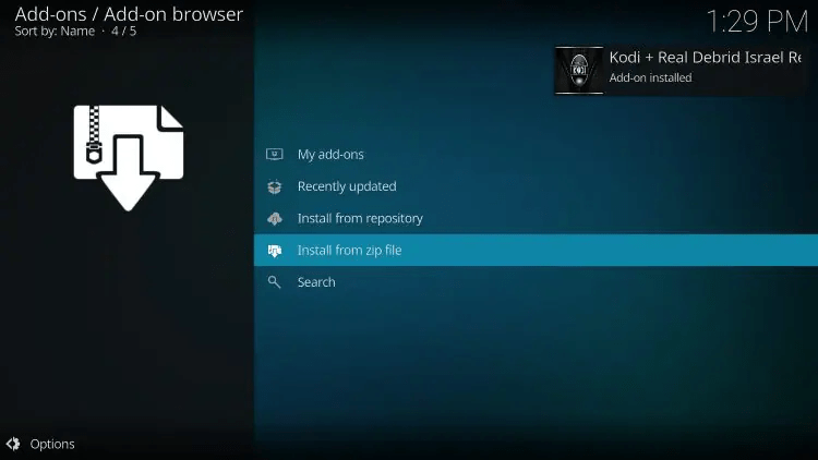 Wait a few seconds for the Kodi + Real-Debrid Israel Repository Add-on installed message to appear.