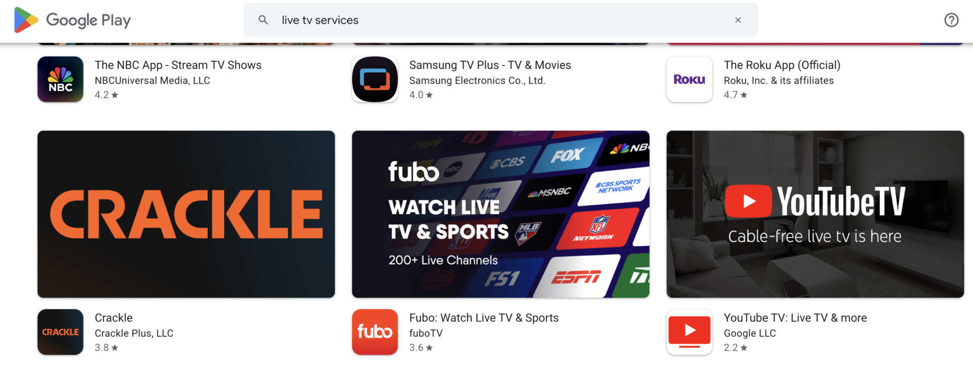Live TV Services in Google Play