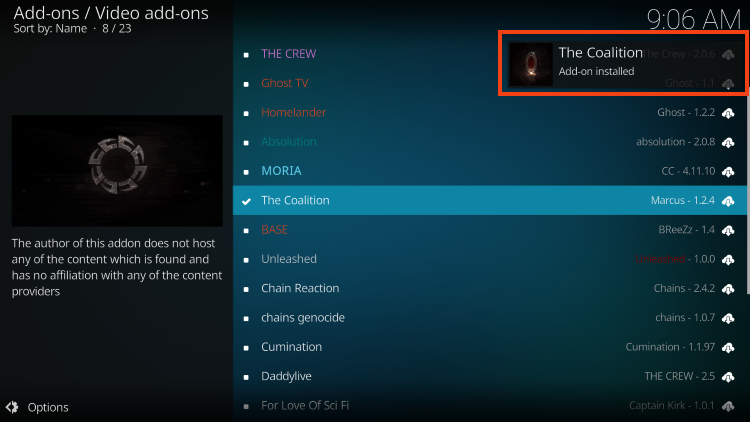 Wait for the Coalition Kodi Addon installed message to appear.