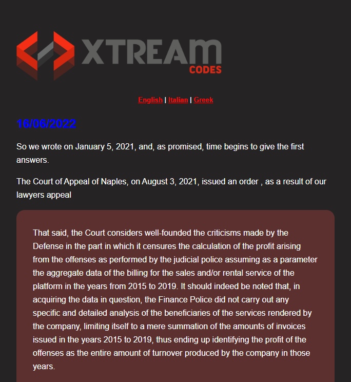 Xtream Codes Legal Update