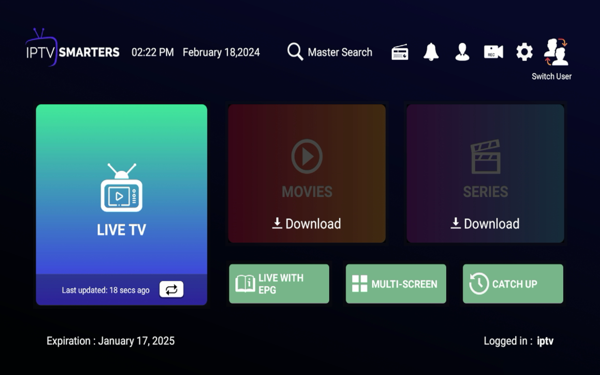 From the home screen of IPTV Smarters, click Switch User in the top right.